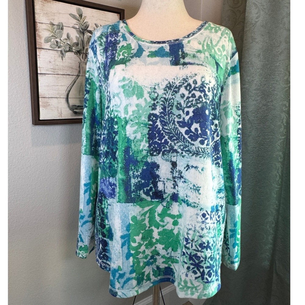 Weekends by Chicos Green Blue Paisley Patchwork Jersey Knit Tunic Top XL Size 3